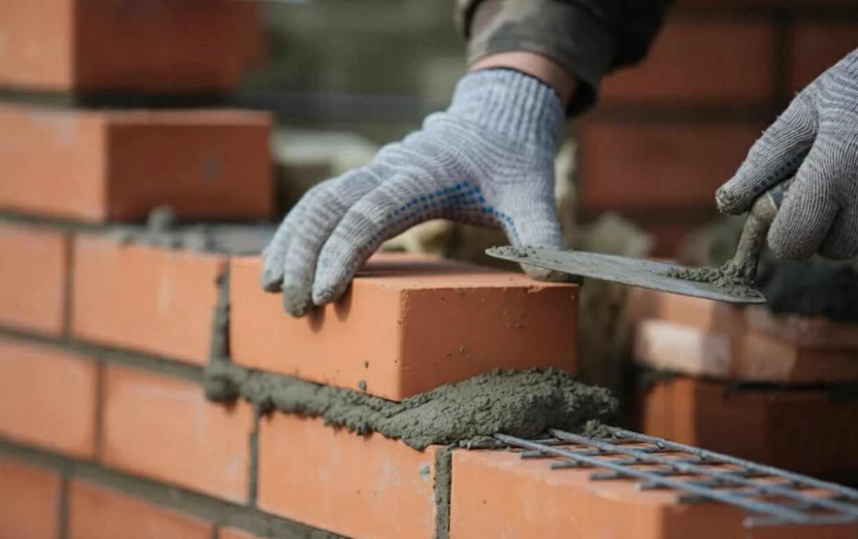 Bricklayer laying bricks with mortar