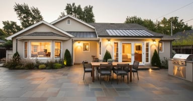 Modern house exterior with outdoor dining area