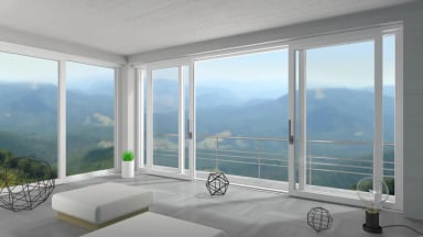 Modern interior with panoramic mountain view