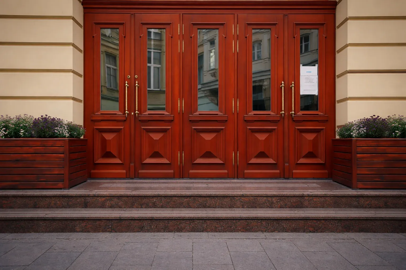 Elegant wooden entrance doors with decorative plants.