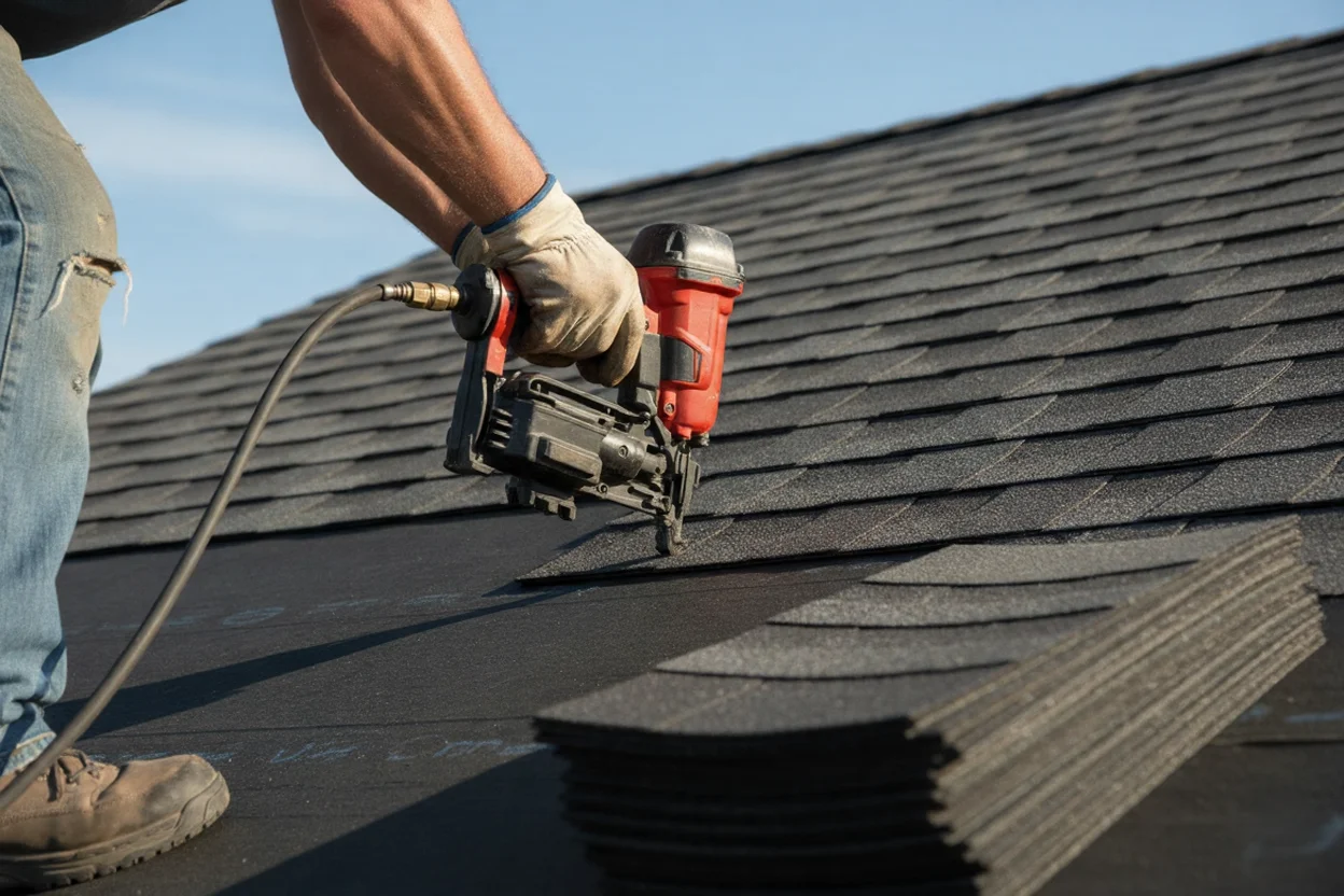 A contractor using a nail gun on a roof during installation.