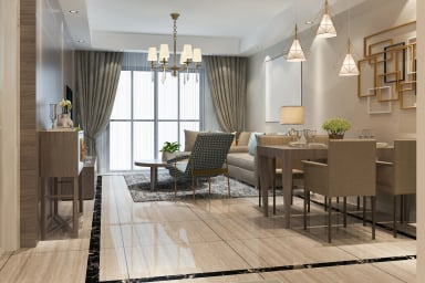 Modern interior design of a living room and dining area